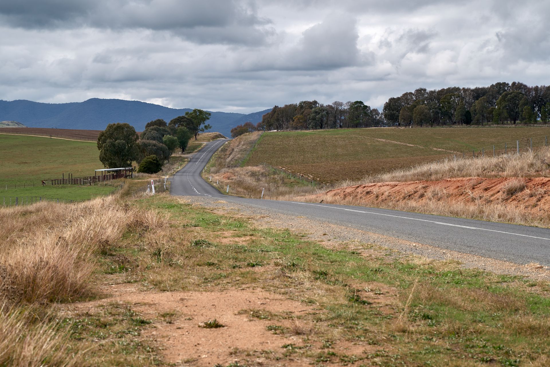 A picturesque rural road winds through the rolling hills of the Australian countryside under a cloudy sky.