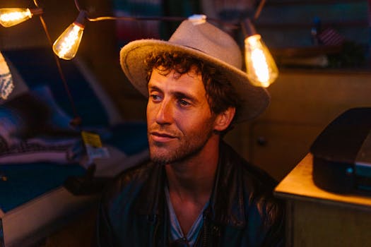 A man with facial hair wearing a cowboy hat, lit by warm string lights indoors.