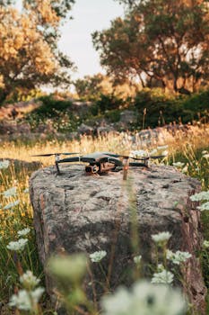 Aerial drone resting on a rock in a sunny outdoor landscape in Krk, Croatia with wildflowers.