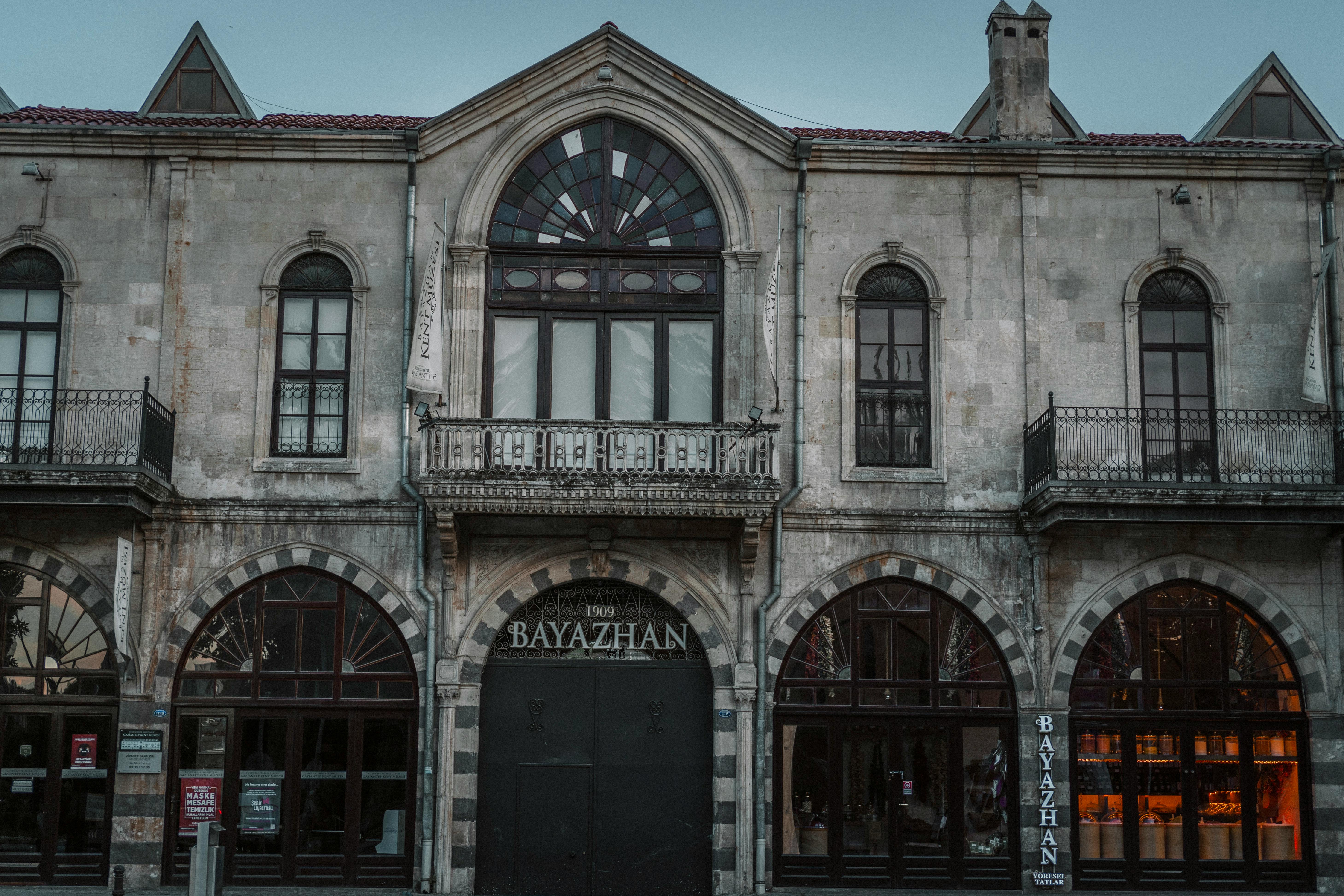 Historic Bayazhan building facade in Gaziantep, showcasing classic architectural design.