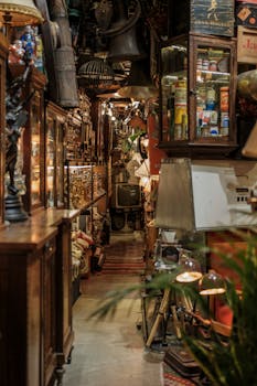Explore a vintage store interior brimming with eclectic antique collections and decor items.