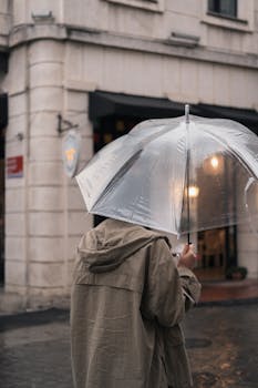 A person in a raincoat walking with a transparent umbrella on a rainy day in the city.