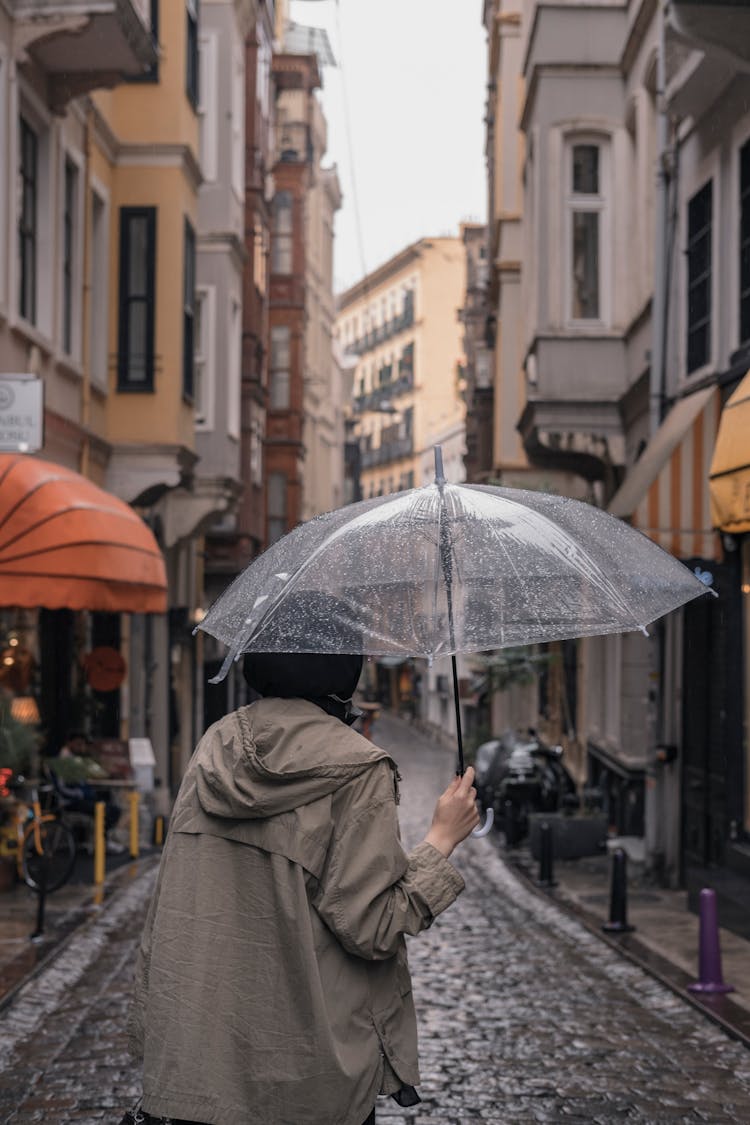 Back View Of A Person Walking With An Umbrella Across A Cobblestone Alley