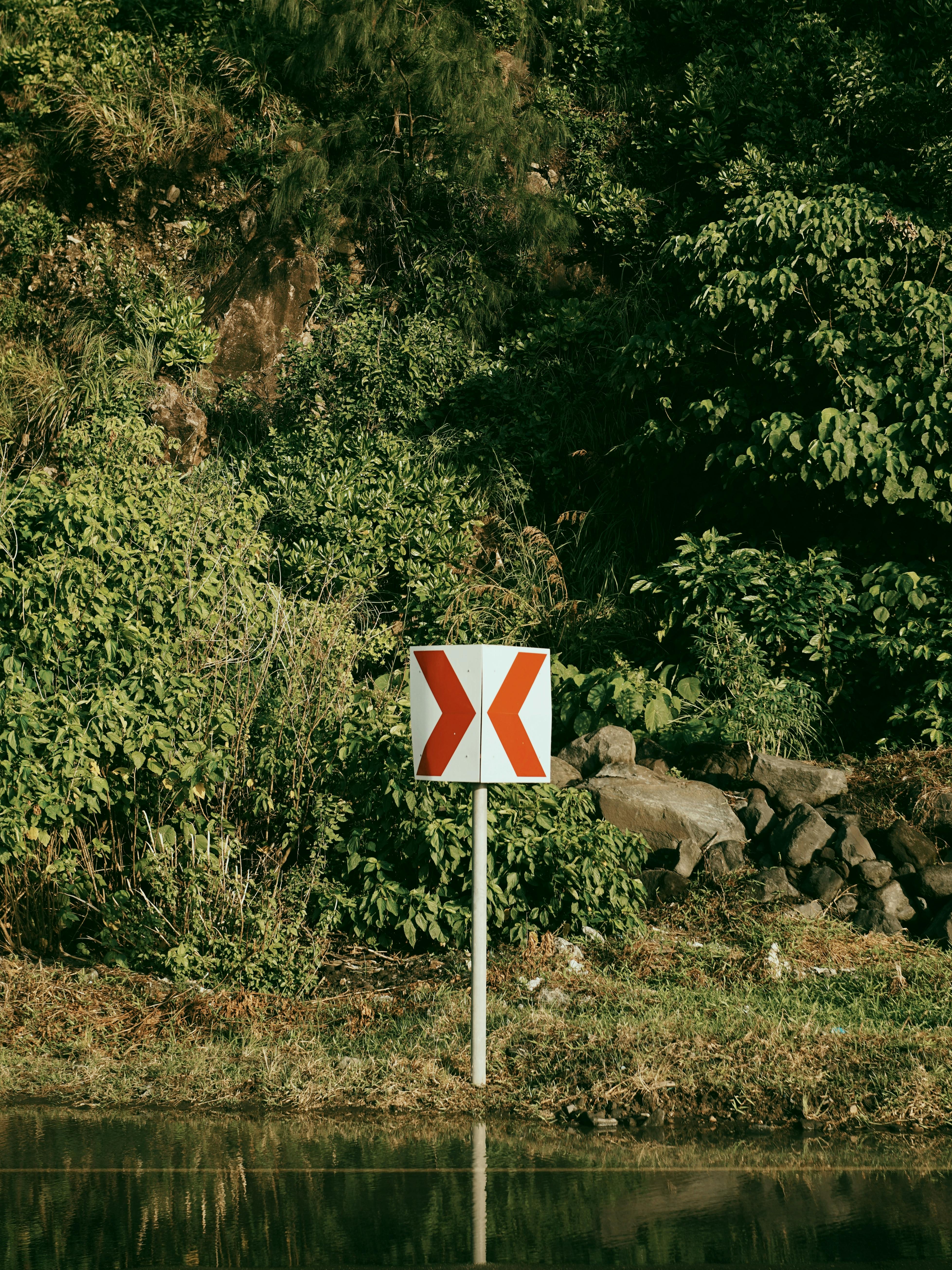 A directional sign stands by a lake surrounded by dense green foliage and rocks, captured outdoors during the day.