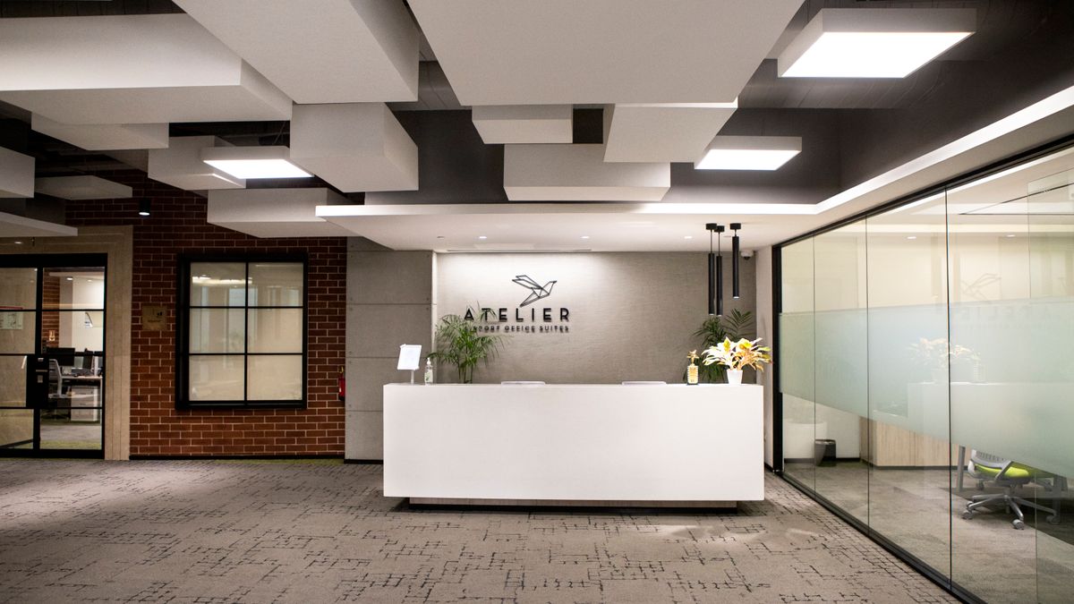 Stylish office reception area with contemporary design in New Delhi.