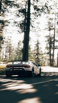 A sleek white sports car speeds down a scenic forest road, epitomizing luxury and adventure.