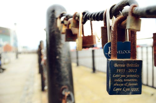 Free Blue Bernie Brittles 1955-2012 Love You Yesterday, Today, Tomorrow, Always and Forever Love Lyn Xxxx Engraved Padlock Stock Photo