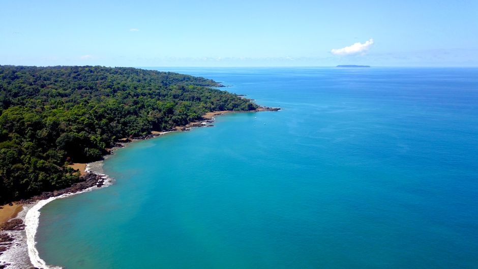 Stunning Helicopter Tour Over Poas Volcano. 1 Hour Flight. Private Tour Review 2026 - A breathtaking aerial view of Bahía Drake's lush coastal landscape in Costa Rica.
