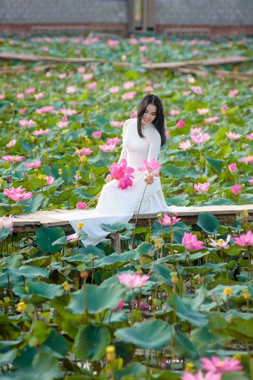 Free Woman in Long White Dress Sitting on Pier and Picking Lotus Flowers Stock Photo