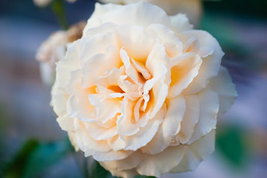 Delicate white rose in full bloom against a blurred background, showcasing its beauty.