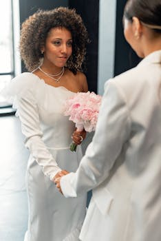 A beautiful same-sex couple in white attire holding hands at a wedding ceremony indoors.
