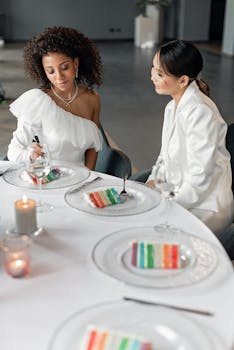 Beautiful wedding scene featuring two brides enjoying rainbow cake. Elegant and warm atmosphere.