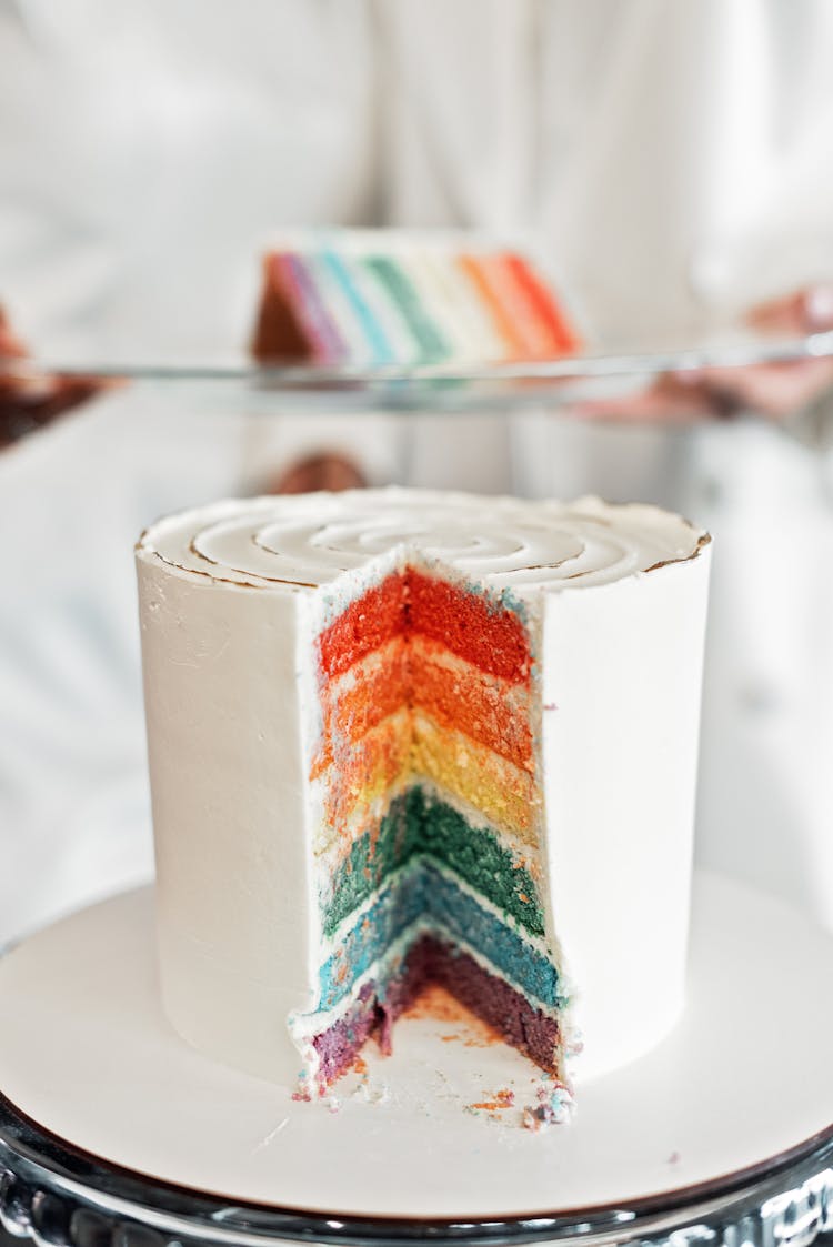 A Tall Cake With Colorful Layers 