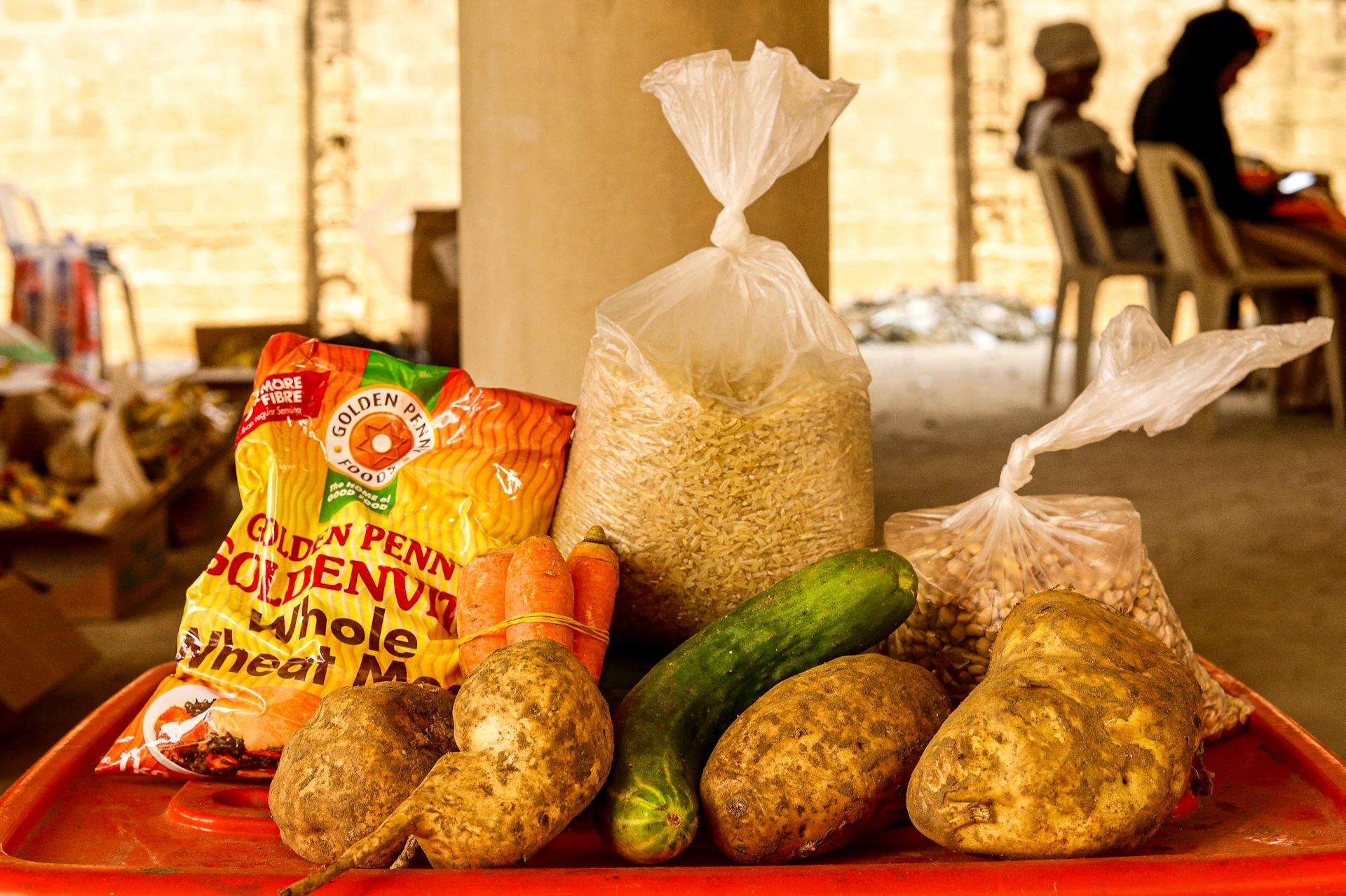 Close-up of Fresh Vegetables and Dry Food on a Market