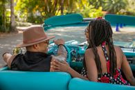 A Back View of a Couple Sitting in the Car