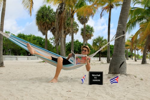 Free Man relaxing on Beach Stock Photo