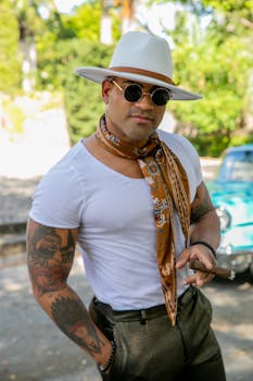 Fashionable man in hat and sunglasses standing beside a vintage car in a cityscape.