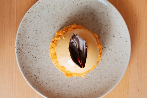 Free A delicious dessert topped with a chocolate garnish served on a speckled plate. Ideal for culinary magazines. Stock Photo