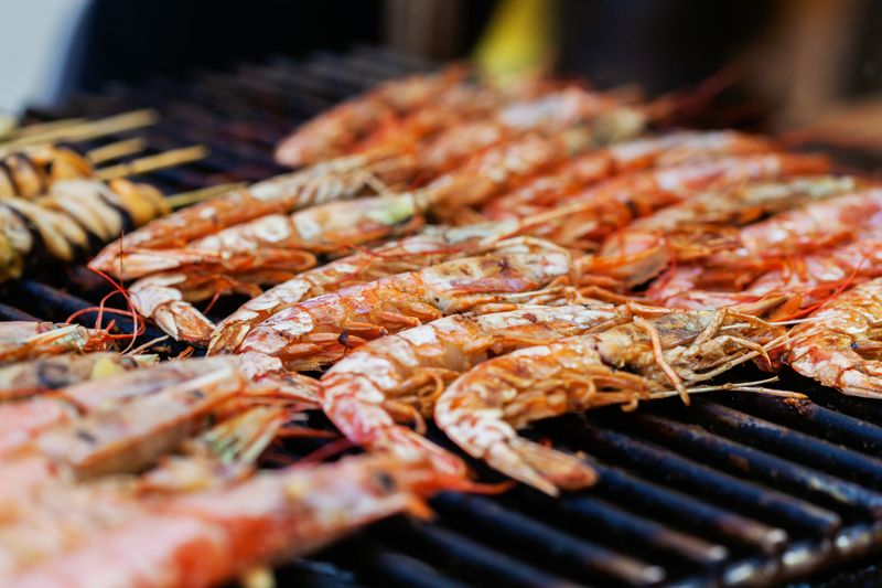 Close-up of grilled shrimp and seafood
