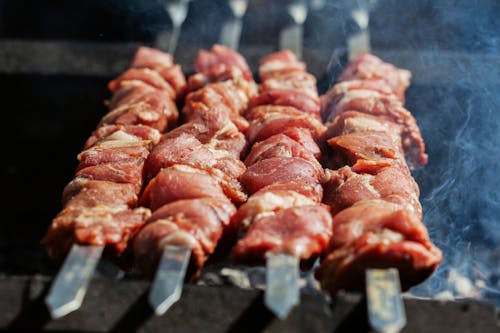 Free Barbecue Skewers with Raw Meat Stock Photo