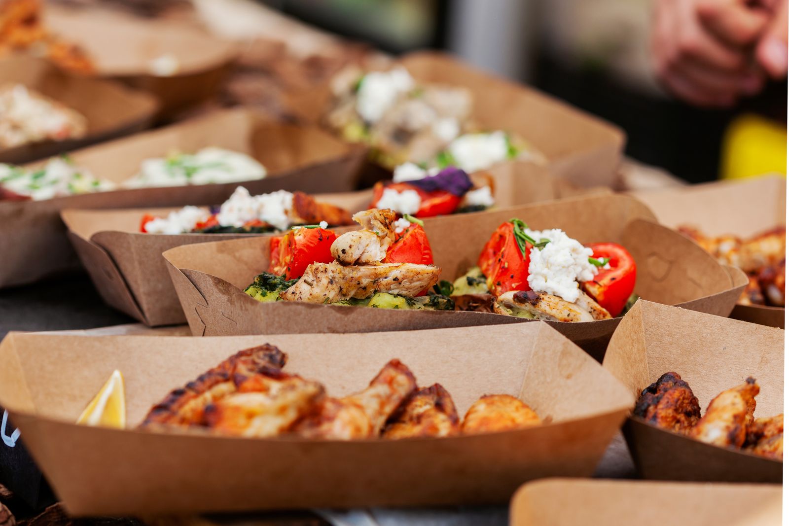 Prepared food served in paper-based takeaway containers