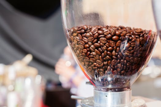 High-quality image of coffee beans in a transparent grinder, ideal for cafes or coffee-related content.