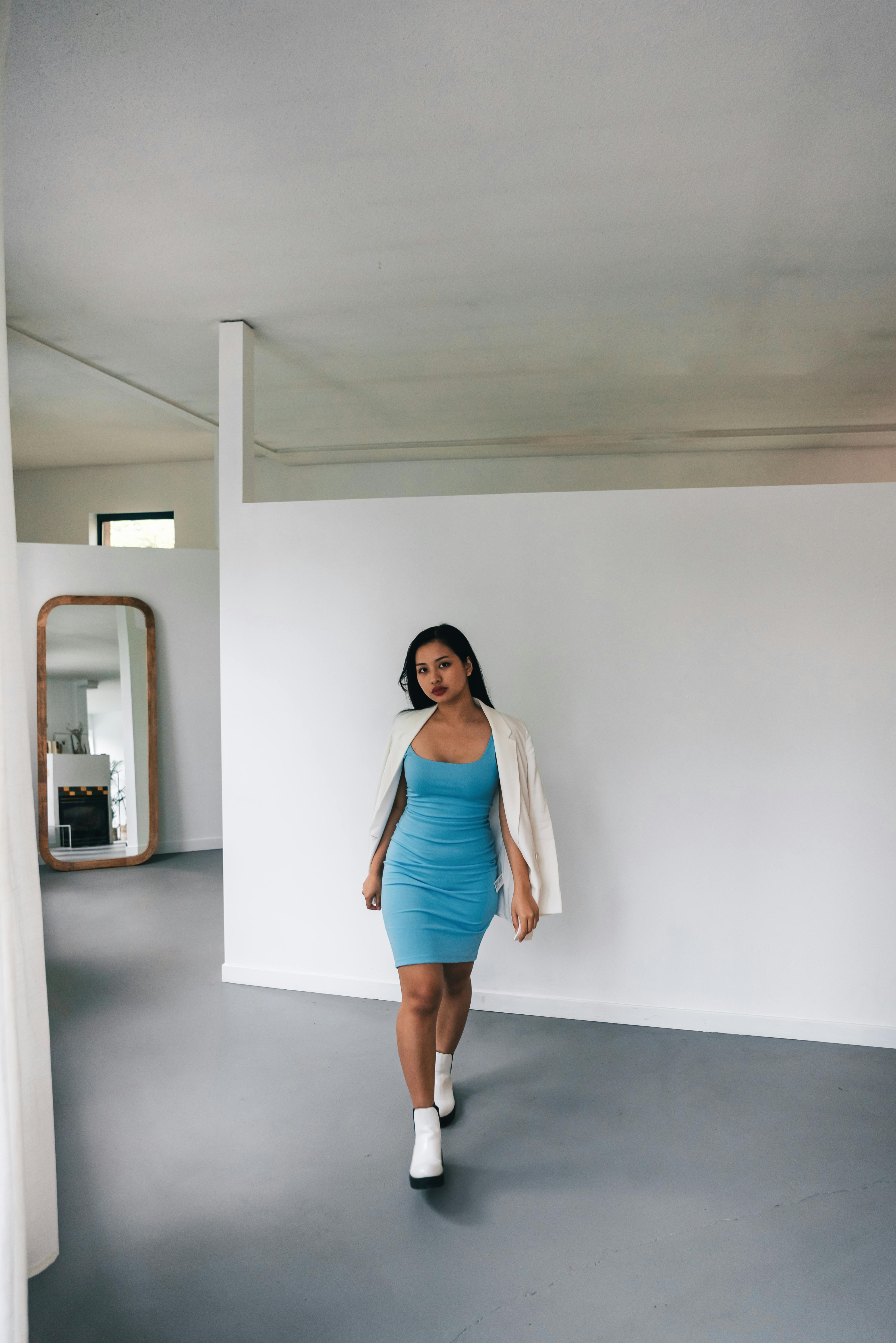 blue dress with white blazer Skye Dress – Adeline main image 1