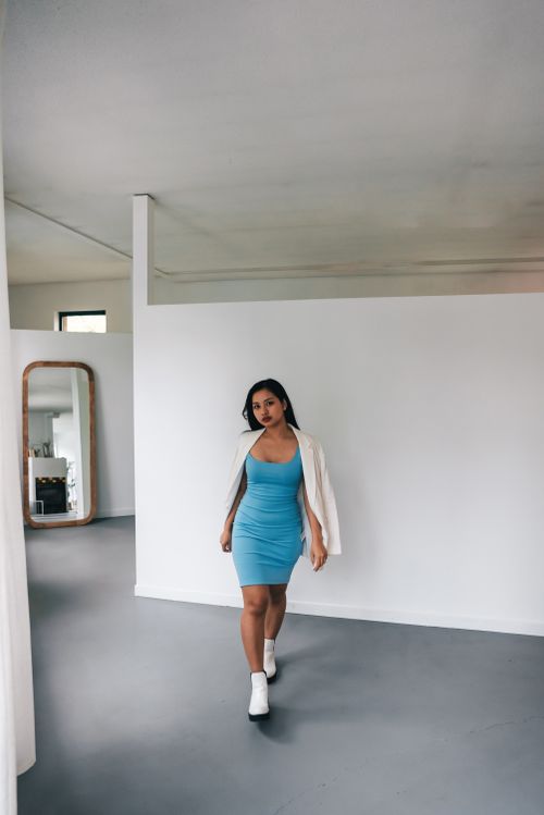 A Woman in White Blazer and Light Blue Dress Free Stock Photo A Woman in White Blazer and Light Blue Dress Free Stock Photo
