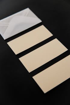 Three blank beige cards with an open envelope on a black surface, ideal for creative designs.