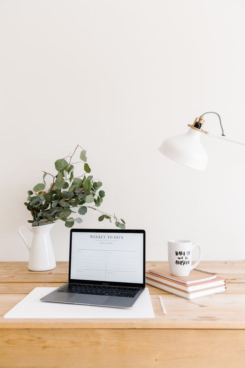 Free Clean and organized workspace featuring a laptop, lamp, and eucalyptus plant. Stock Photo