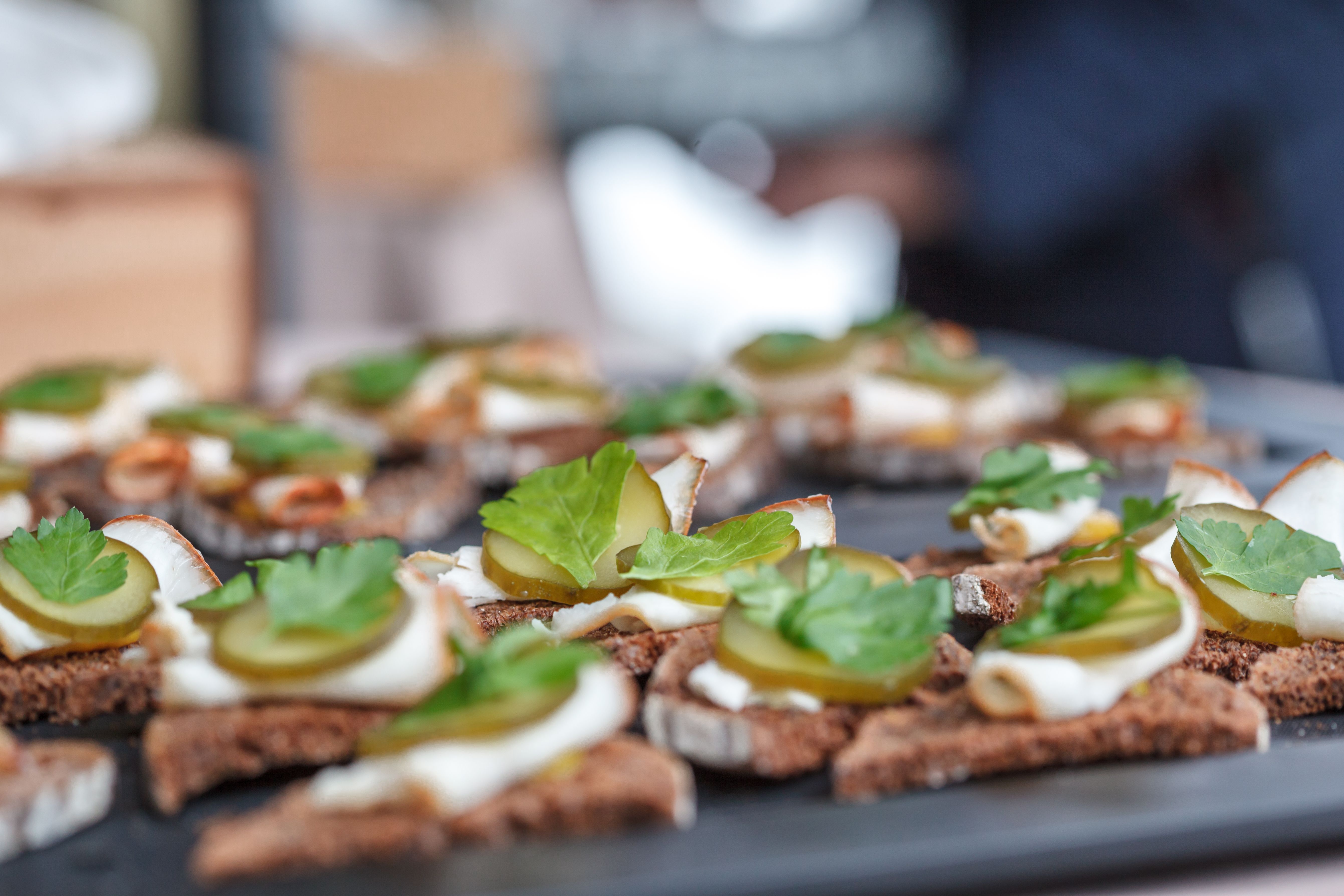 Close-up of open-faced sandwiches with pickles and parsley, perfect for lunch.