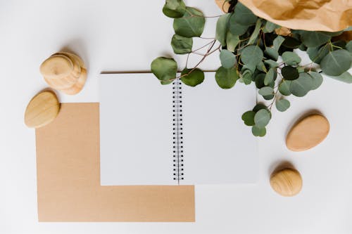 Open Notebook with Blank Pages and Composition From Leaves and Wooden Stones 