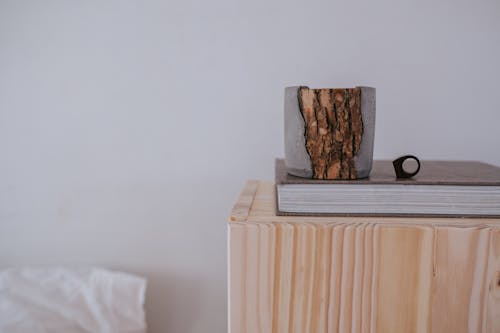 Japandi Style Interior Decor with Wood and Concrete Pot