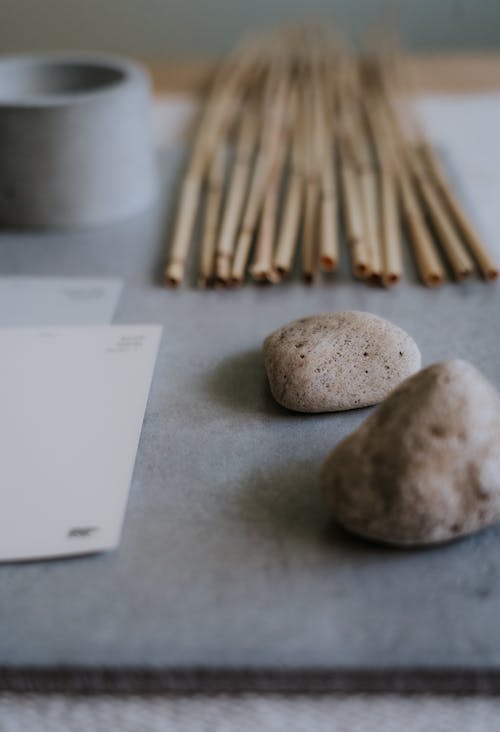 Close-up of Dry Bamboo Straws and Stones 