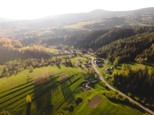 High Angle View of Landscape with Forest on Hills and Green Fields