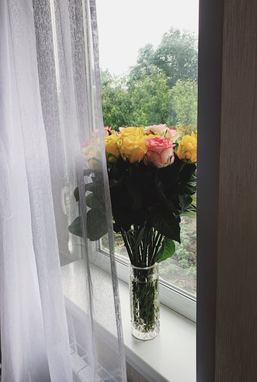 Bunch of roses in vase on windowsill