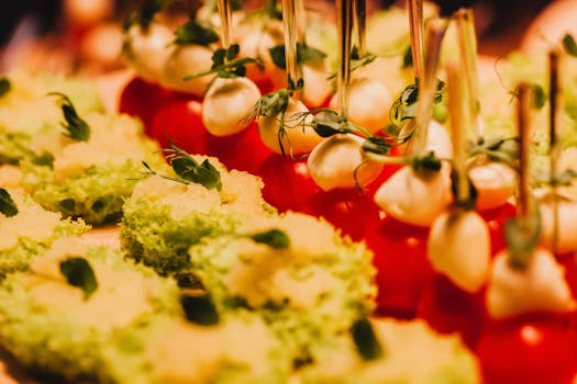 Close-up of delectable mozzarella, tomato, and herb appetizers, perfect for gourmet presentations.
