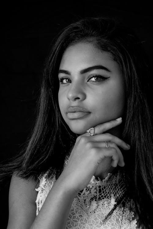 Black and White Portrait of a Teenage Girl Wearing Makeup