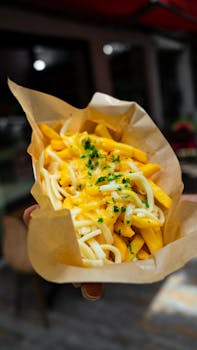 Close-up of cheesy french fries sprinkled with chives, captured indoors.