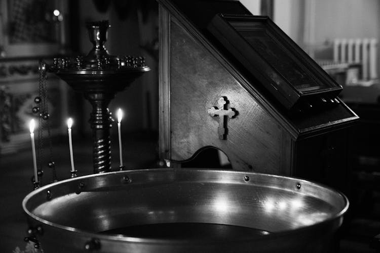 Liturgical Vessels And Candles In A Church 