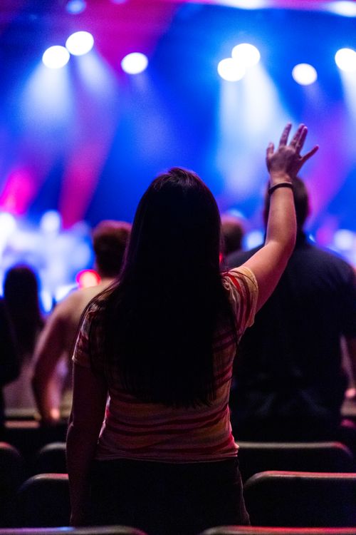 Free A woman with arm raised enjoys a vibrant live music concert in an indoor venue. Stock Photo