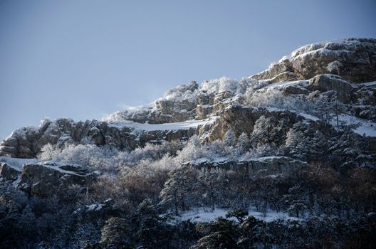 A serene view of a snow-covered mountain landscape with trees under a clear winter sky.