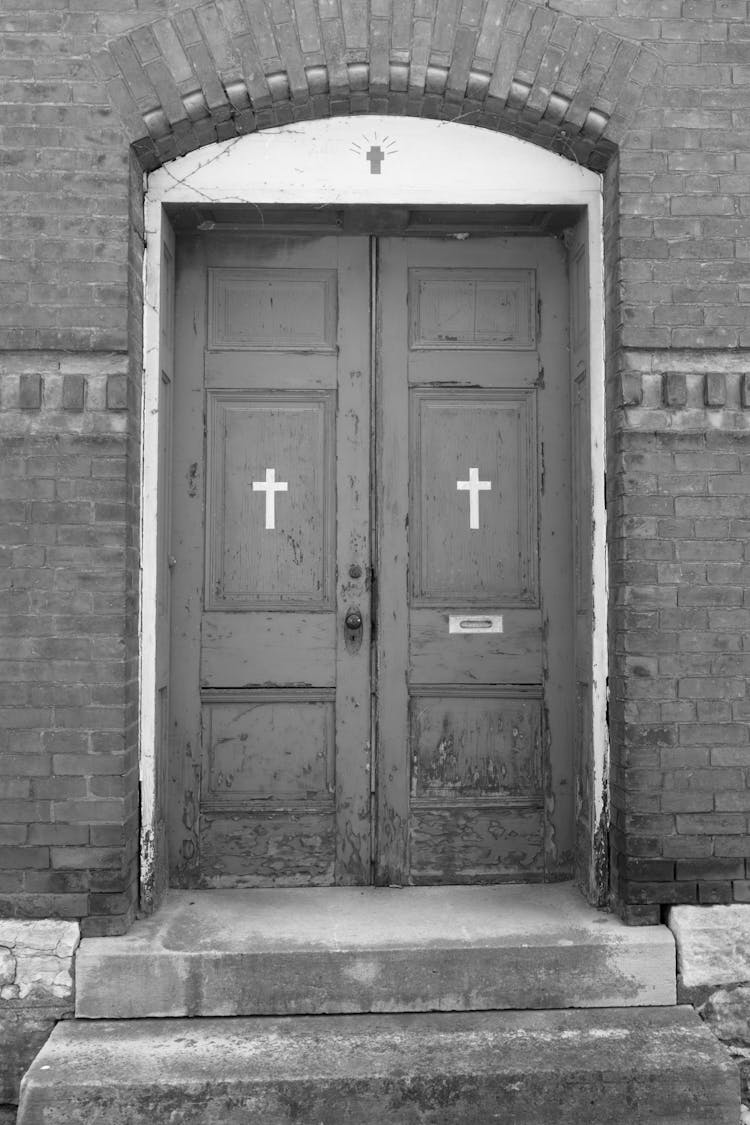 Grayscale Photo Of Church Doors