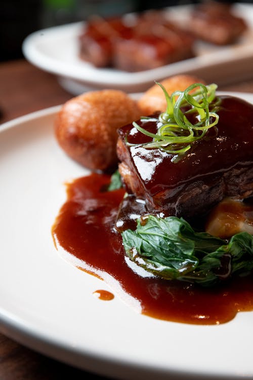 Cooked Food with Brown Sauce on White Ceramic Plate