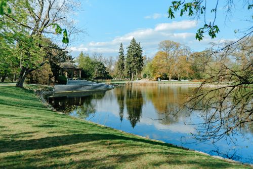 Free Peaceful park scenery with a gazebo and reflective pond surrounded by lush trees. Stock Photo