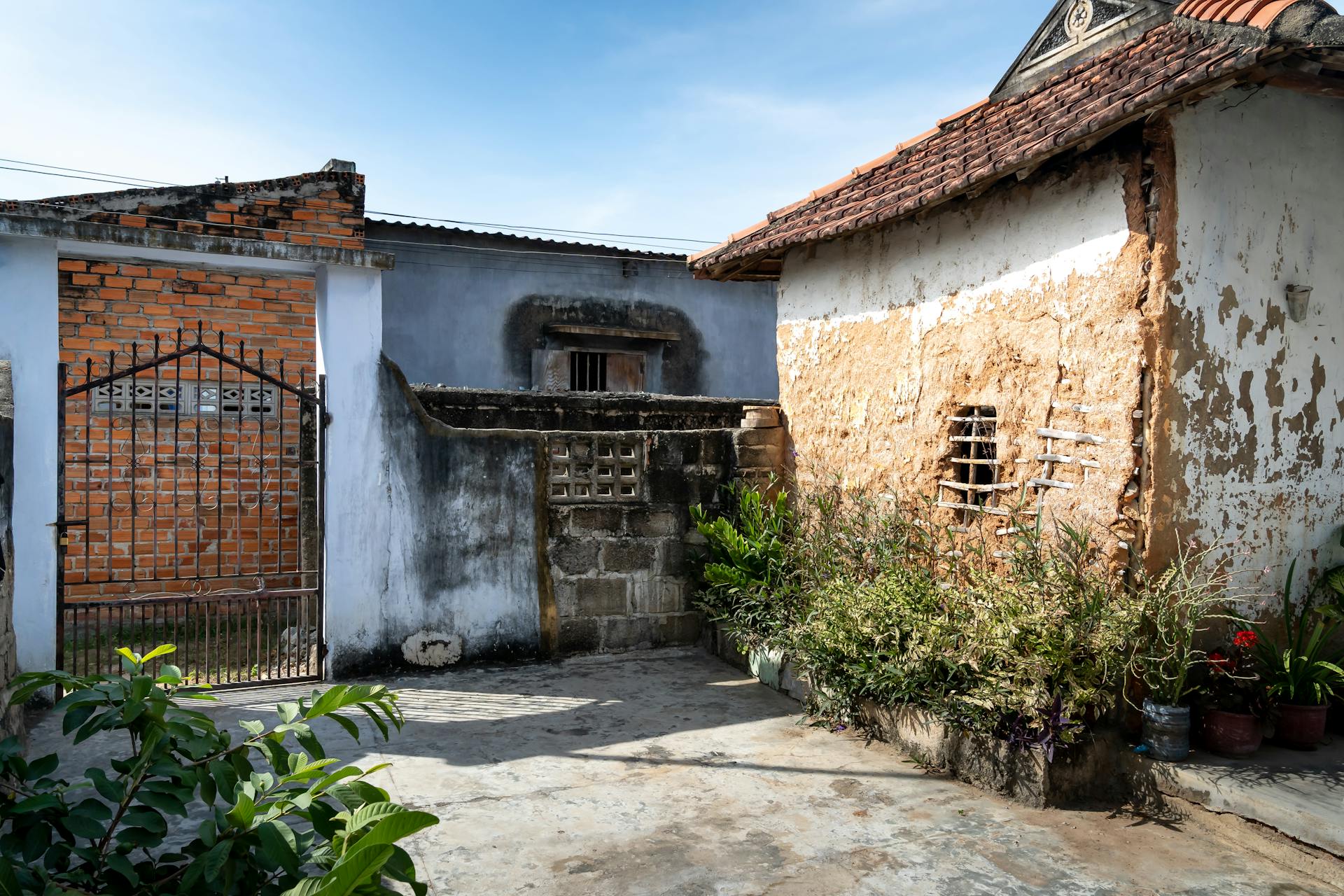 Charming rustic courtyard featuring abandoned houses and lush plants in a rural setting.