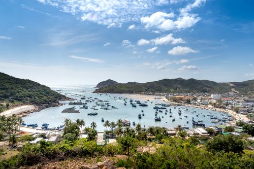 Free A stunning view of a coastal bay with numerous boats, surrounded by lush green hills under a bright blue sky. Stock Photo