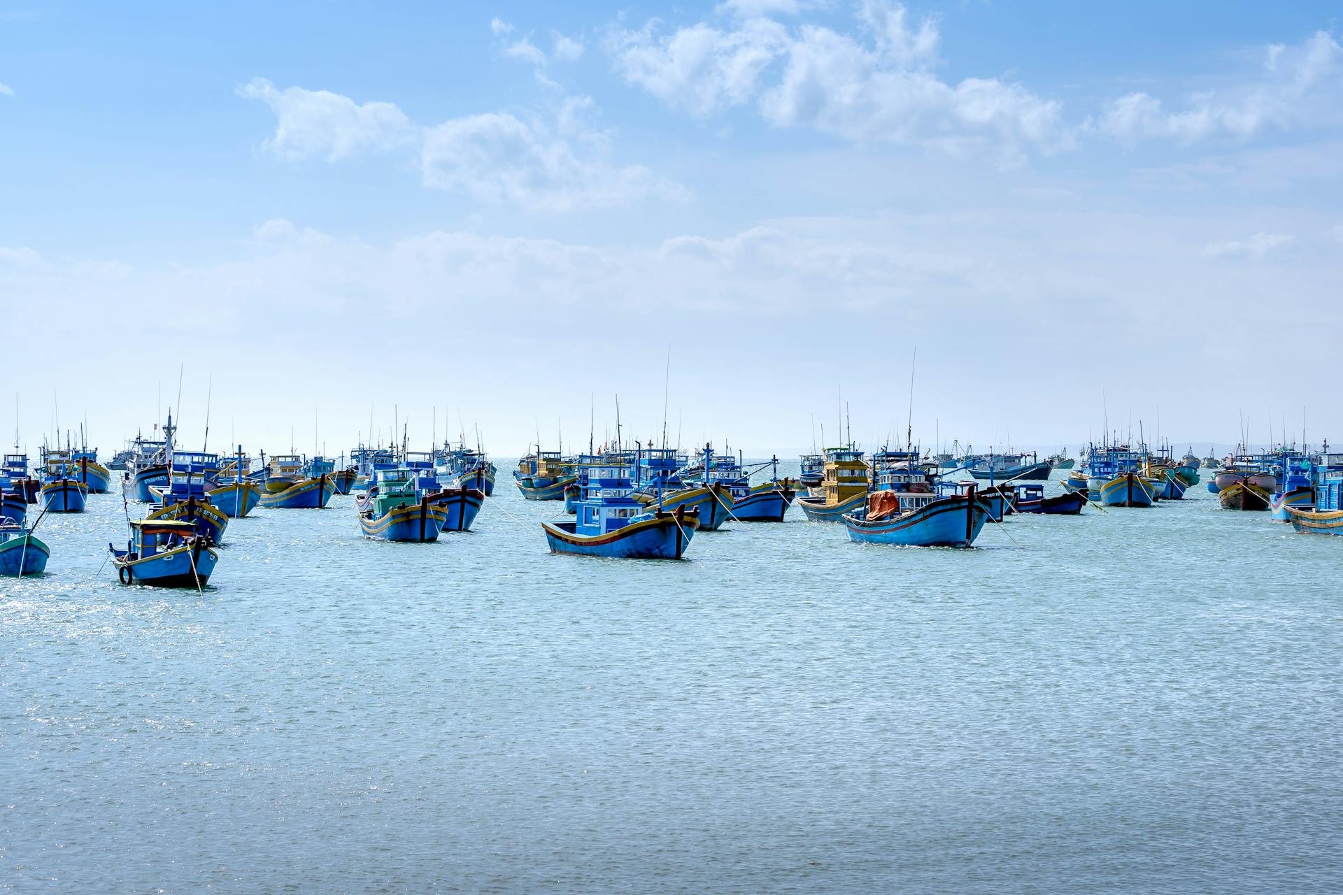 A fleet of colorful fishing boats floating on a calm sea under a clear blue sky with scattered clouds.