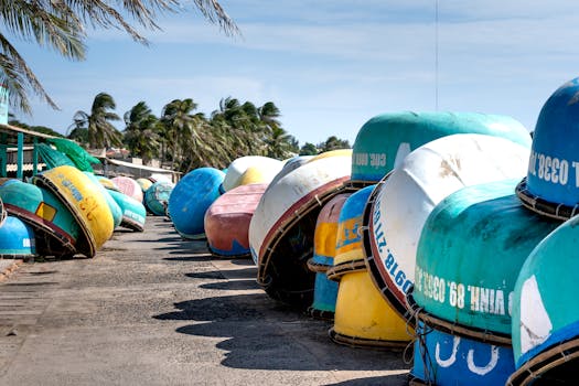 Rows of vibrant round boats on a sunny tropical beach with palm trees swaying in the breeze.