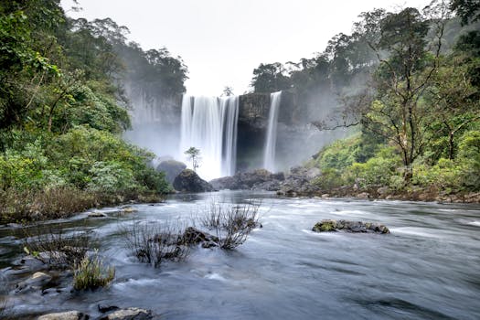 Captivating view of a waterfall cascading through a dense forest, creating a serene water scene.